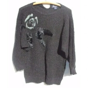 VTG Retro Le Chois Black Knit Rose W/ Fur Sweater